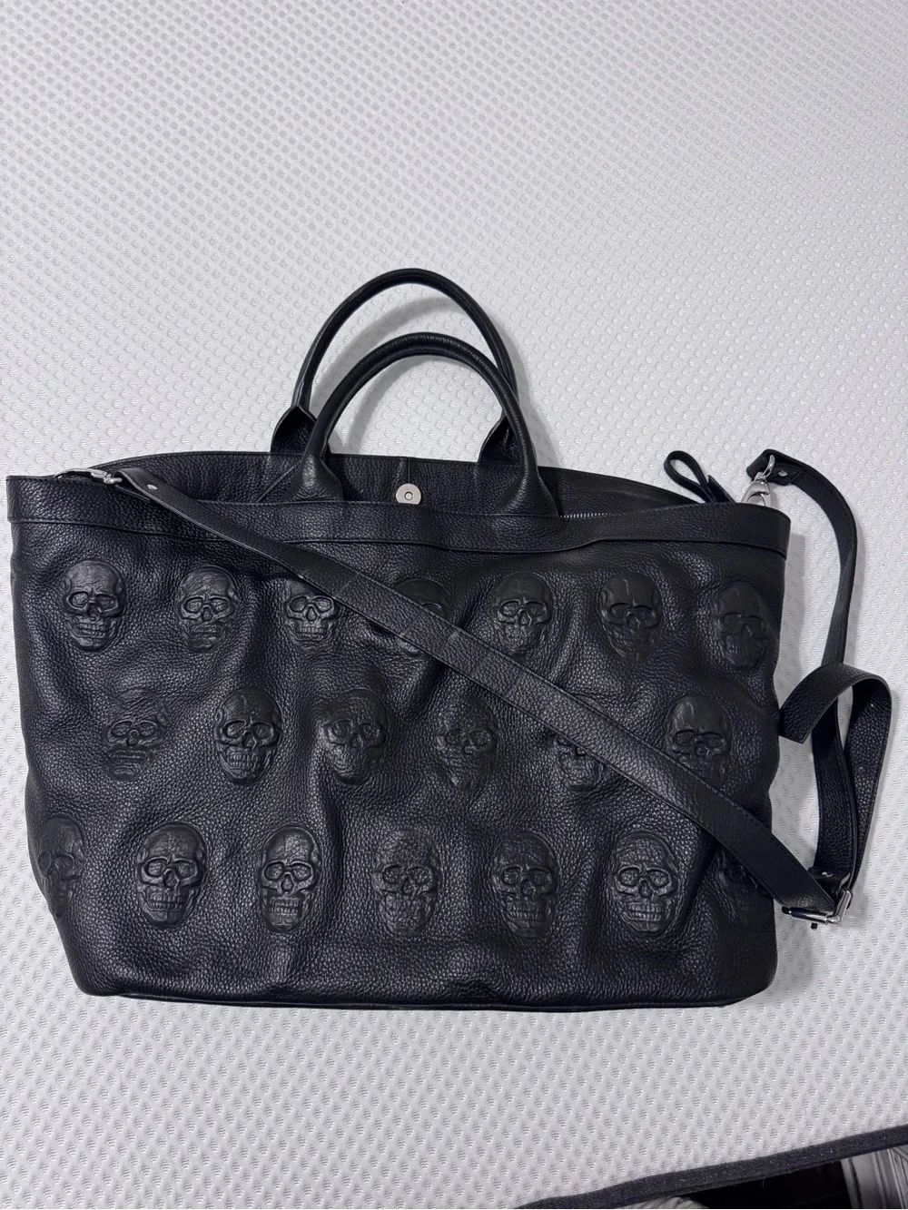 Black Leather Skull-Embossed Tote Bag